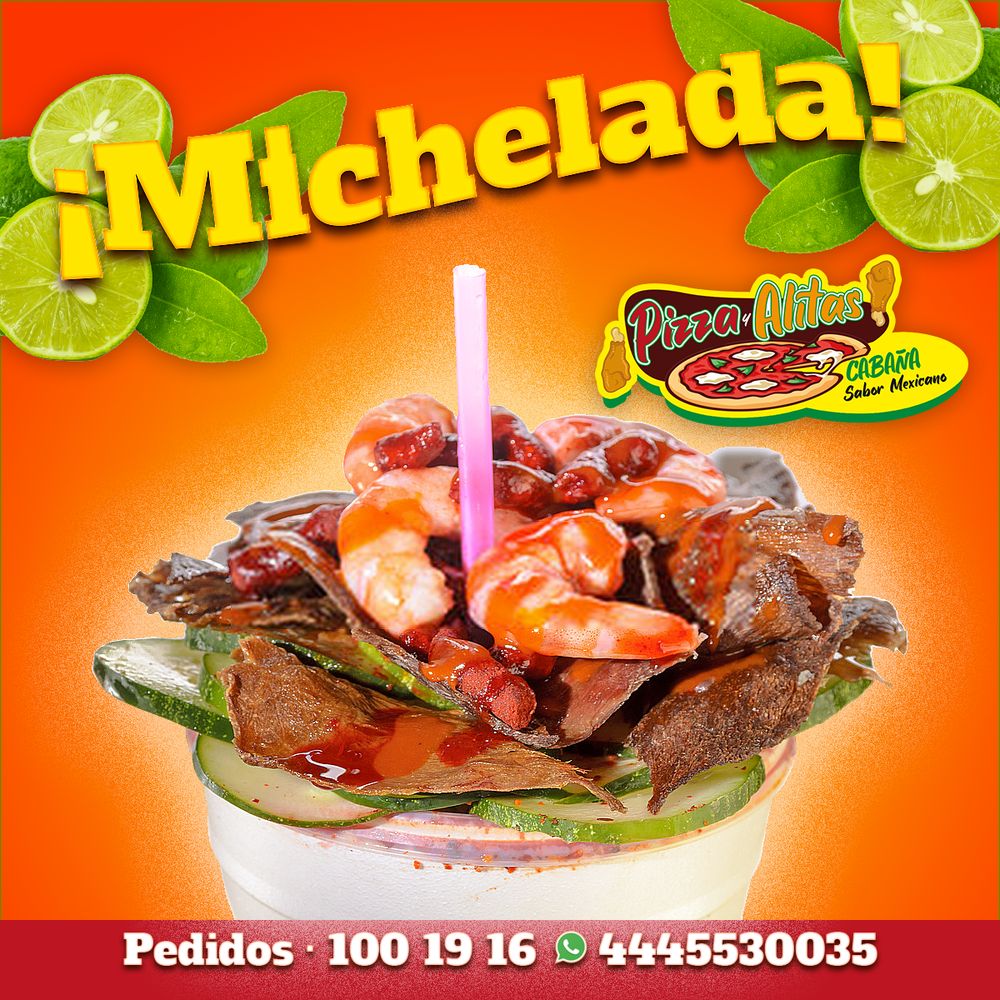 Publicidad para redes de Pizza Alitas Cabaña: michelada preparada con camarones