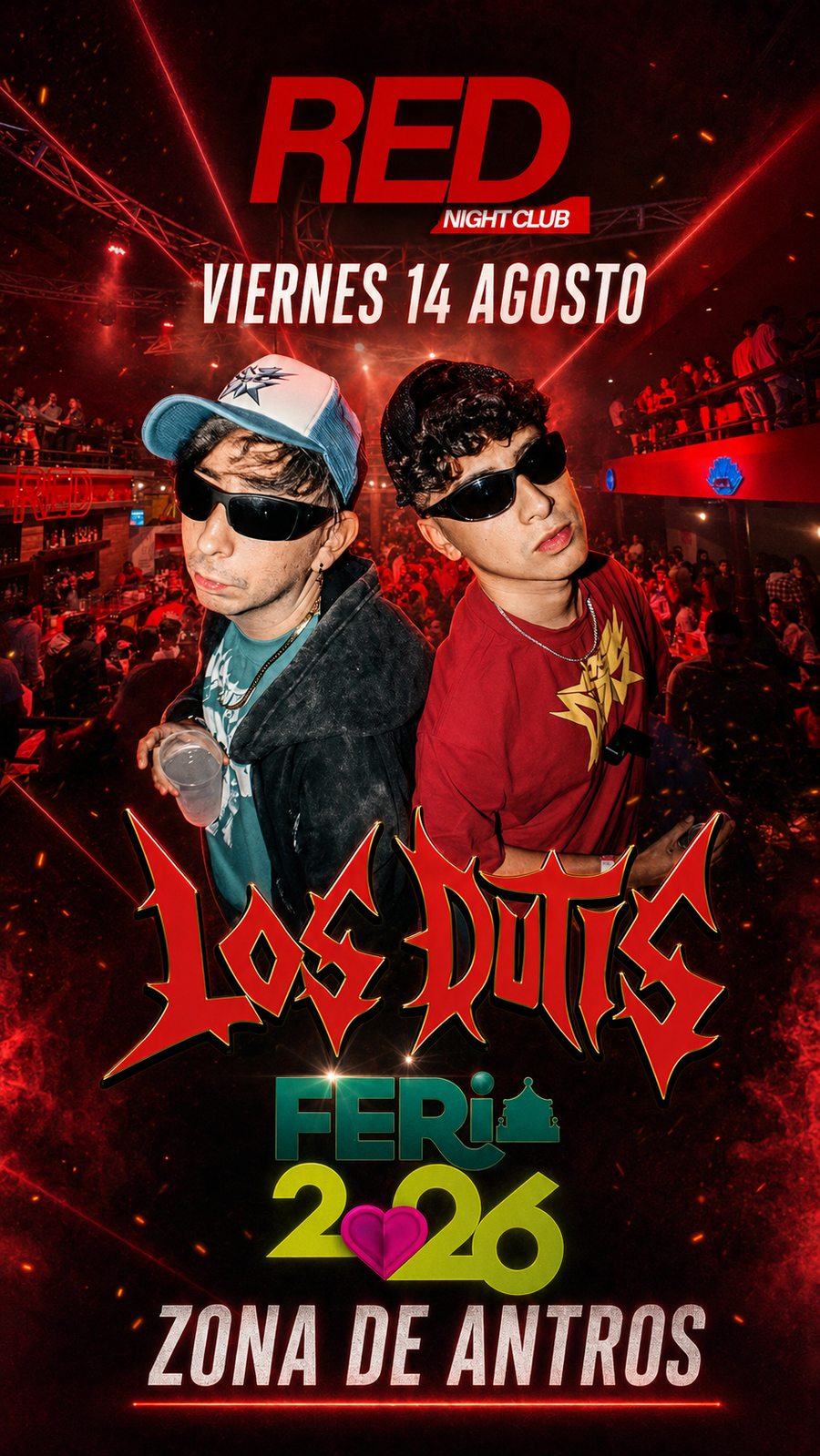 Cartel de evento RED Night Club, Los Dutis, Feria FENAPO 2026 zona de antros, San Luis Potosí